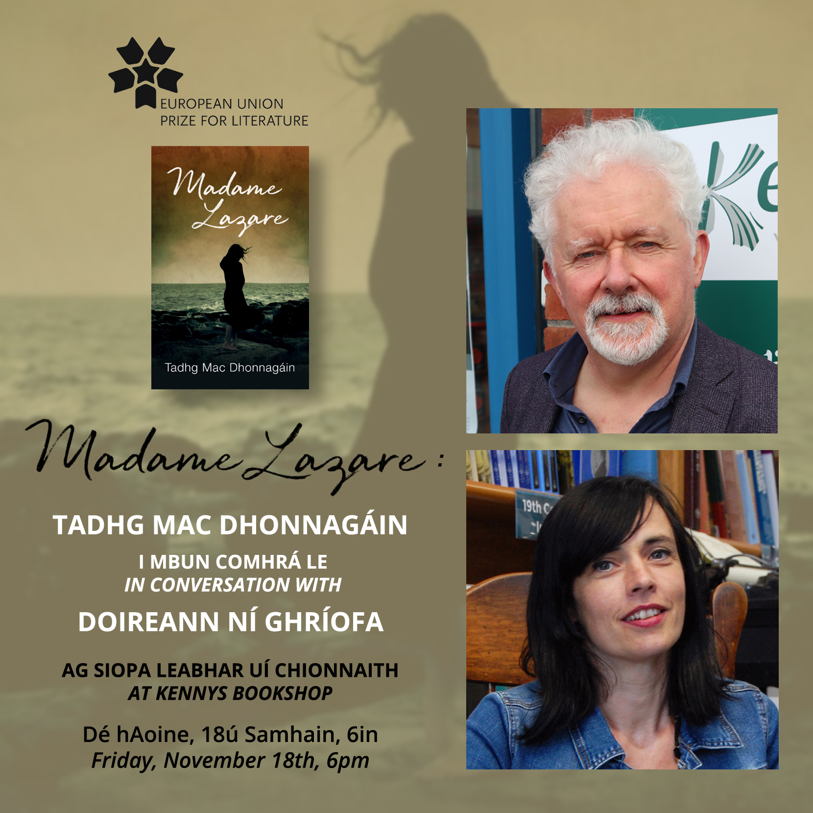 Tadhg Mac Dhonnagáin i mbun comhrá le Doireann ní Ghríofa